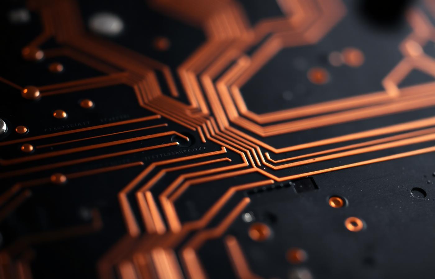 Macro photograph of copper traces on a printed circuit board catching warm light