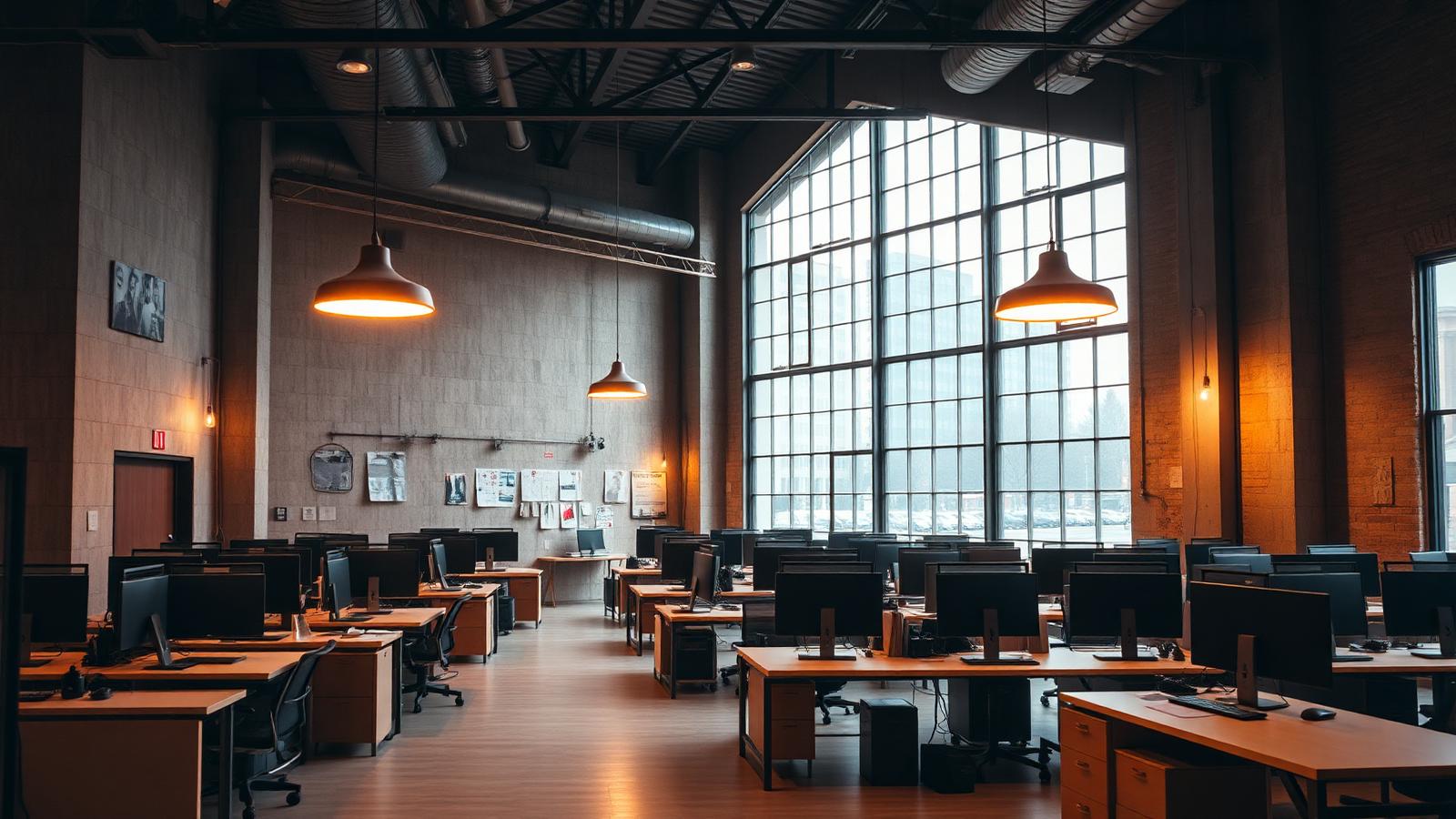 Industrial workspace with high ceilings, warm pendant lighting and rows of workstations by tall windows